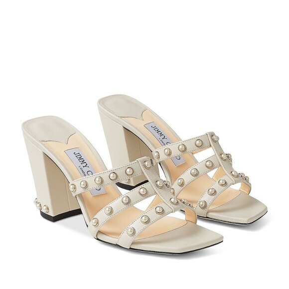 Jimmy Choo Shoes - Nib JIMMY CHOO HAZAL 85 LATTE NAPPA CAGED MULES WITH PEARL STUDS IN CREAM
